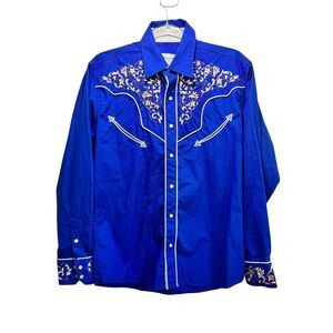 Ace Of Diamond Western Cowboy Rodeo Embroidered Button Up Shirt S Royal Blue